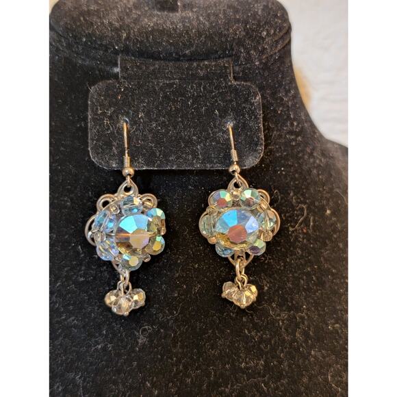 Vintage AB Crystal Three Clear Crystal Dangle Pierced Earrings - Picture 6 of 6